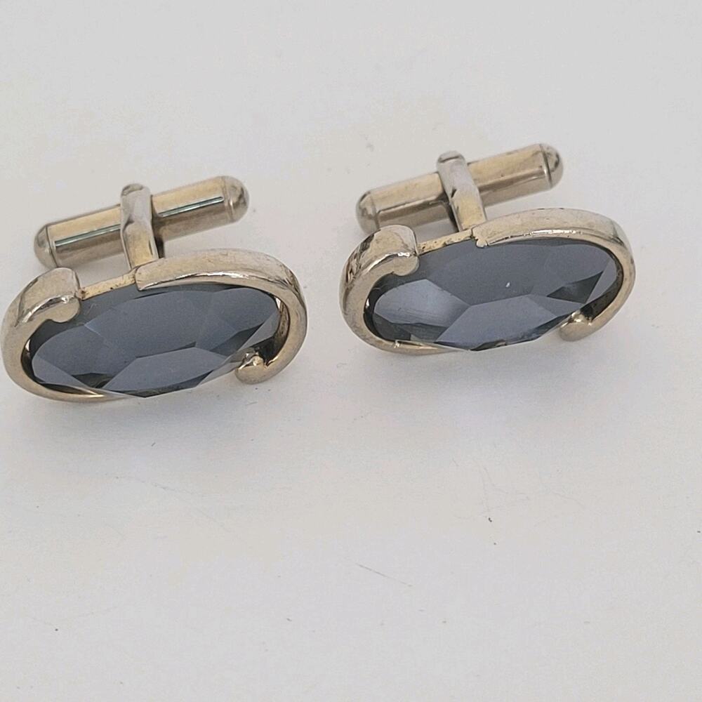 Vintage Gray stone Glass Cufflinks Silver Tone Oval Retro 70s Disco Glam